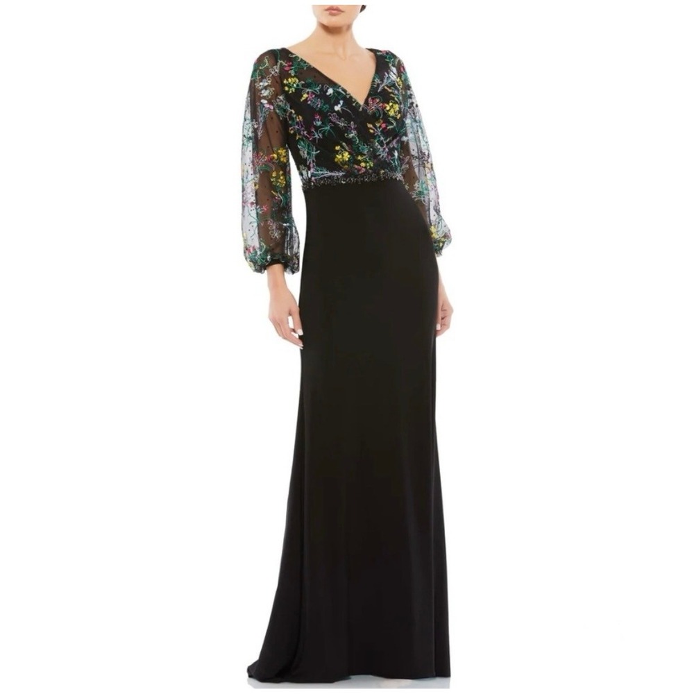 Mac Duggal Floral Embroidered Illusion Puff Sleeve Maxi Gown Black‎ 6